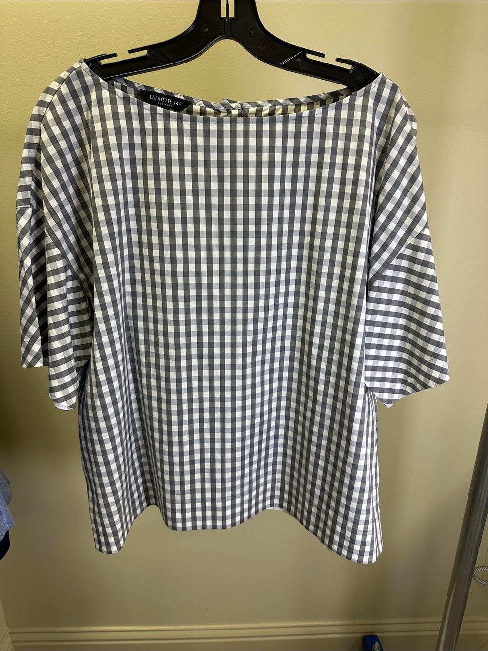 Lafayette 148 New York Gray & White Gingham Boatneck Top